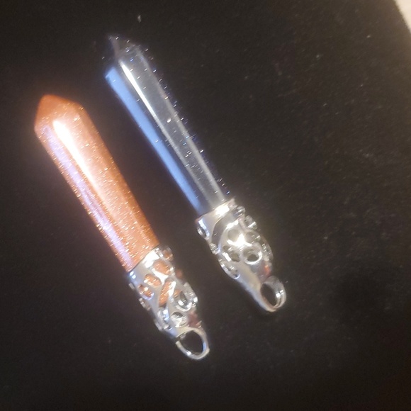 New 2pc Blue and Gold Sunstone Sandstone Long Point Pendants. - Picture 3 of 9